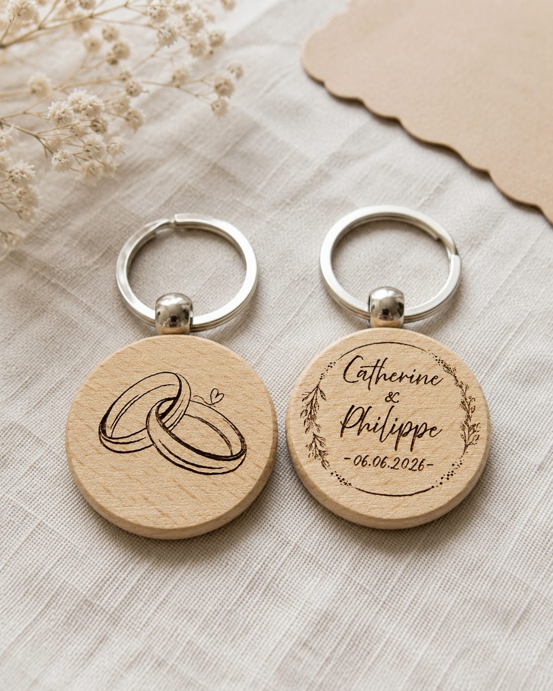 Porte-clés de mariage gravé recto-verso